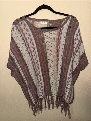 Easel Boho Knit Fringe Sweater Poncho - Neutral Stripe oversized small thumbnail 1