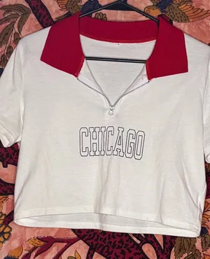 Red and White Chicago Collared Crop Top Size M thumbnail 1