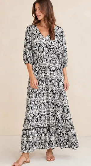 Wayward Fancies‎ Eshakti Damask Print Lined Maxi Dress Rayon Cotton Size XL thumbnail 1