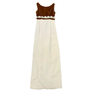 Vintage 60s Bronze Velvet‎ Lace Trim Empire Waist Maxi Dress Cream Column thumbnail 8