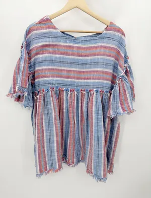 Free People Summer Nights‎ Striped Babydoll Mini Dress Blue Red Small OB898561 thumbnail 1