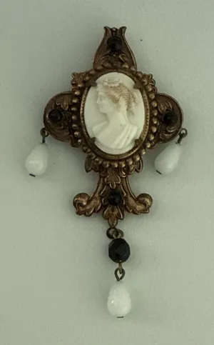 Vintage Victorian Revival Cameo Dangle Brooch Faux Pearl Unmarked thumbnail 1