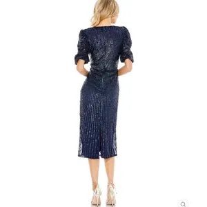 Mac Duggal 5578 Womens Sequined V Neck Short Puff Sleeve Midi Dress thumbnail 5