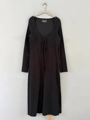 Anthropologie Tie-Front Charcoal‎ Gray Side Slit Long Sleeve Midi Dress thumbnail 3