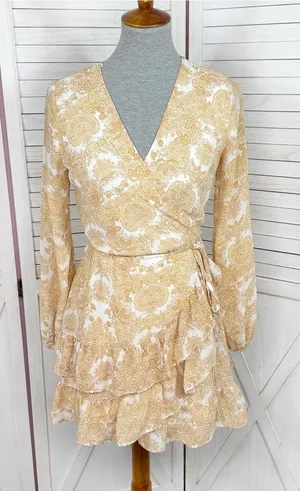 Jun‎ & Ivy by Francesca's Floral Boho Ruffle Wrap Mini Dress Yellow Cream Small thumbnail 1