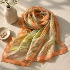 Vintage 70s 80s Abstract Marbled Sheer Square Scarf Rust Olive Silk Feel thumbnail 1