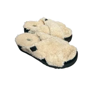 UGG Fuzz Sugar Cream Black Cross Platform Slip On Slide Slippers Women’s Size 9 thumbnail 5