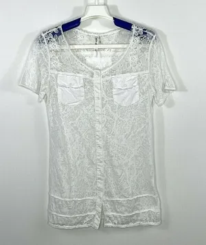 Mur Mur Anthropologie White Burnout Lace Yoke Button Front Top Sheer Size Small thumbnail 1