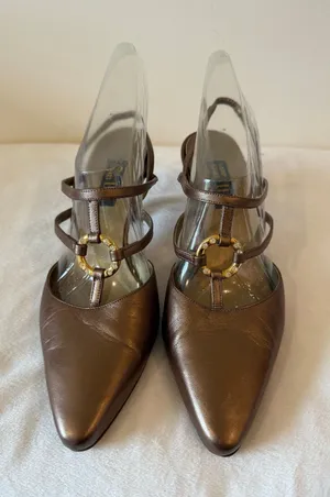 Vintage Larry Stuart Slingback Pumps Shoes Women Size 8.5 Brown Gold leather thumbnail 1