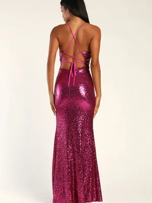 Lulus Magenta Sequin Lace-Up Maxi Dress Size M NWT thumbnail 2