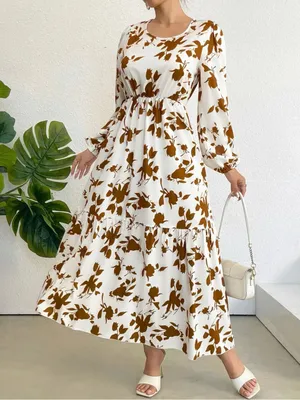 Women's White Maxi Dress with Brown Floral Print thumbnail 3