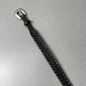 Nocona Womens Black Leather Belt 28 Silvertone Buckle 1.25in Rope Metallic USA thumbnail 3
