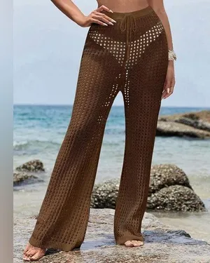 CoverUp Women's Dark Brown Beach Pants Crochet High Waist Swimsuit CoverUps thumbnail 1