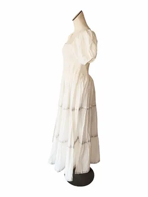 NWT Rachel Zoe White Puff-Sleeve Smocked Maxi Dress Floral Trim Cotton 10 thumbnail 3