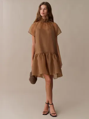 NWT Few Moda Joni Mini Dress Size Large L Brown Sugar organza tie back o.p.t thumbnail 3