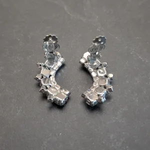 Vintage Clip On Earrings Large Curved Silver Tone & Clear Gems - Statement Glam thumbnail 7