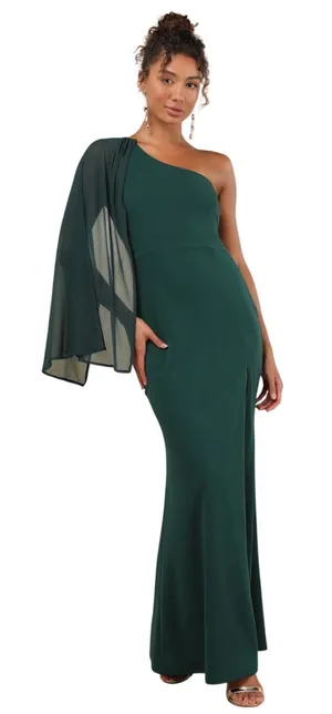 Lulus Majestic Attitude Emerald Cape Sleeve One-Shoulder Maxi Dress size XS NWT thumbnail 1