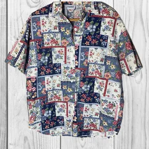 Vintage Floral Print Button Down 90s Short Sleeve Cotton Top Patchwork garden‎ thumbnail 1