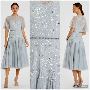 Mac Duggal Light Blue Size 6 Beaded Sequin Rhinestone High Neck MIDI Dress Gown thumbnail 2