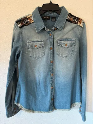 Miss Me Embellished Denim Button Down Shirt thumbnail 1
