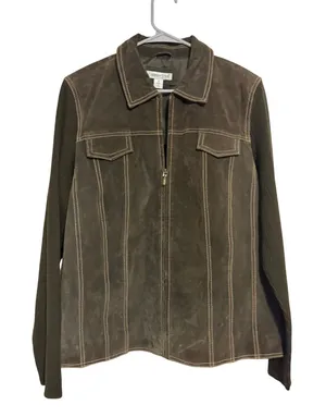 Coldwater Creek Jacket Mixed Media Suede Knit Brown Contrast Stitch Size 16 thumbnail 1
