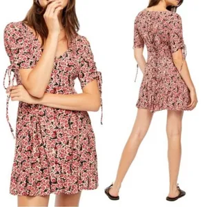 Free People Laced Up Corset Mid Sleeve Floral Mini Dress‎ in Black Combo Size XS thumbnail 2