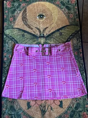 Dolls Kill Pink Plaid A-Line Mini Skirt with Heart Print & Belt thumbnail 3