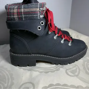 No Boundaries Black Lace-Up Boots with Red Laces and Plaid Cuff thumbnail 15