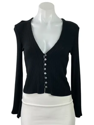 Reformation Virgil Black Ribbed Knit V Neck Long Sleeve Button Up Crop Top Sz M thumbnail 1