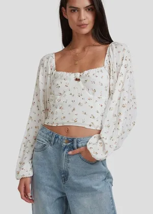 Billabong Love Somebody Cropped Balloon Sleeve Top Sz L‎ Boho Coastal thumbnail 1