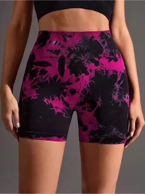 Seamless High-Waist Tie-Dye Bike yoga Shorts - Black & Magenta scrunch butt thumbnail 1