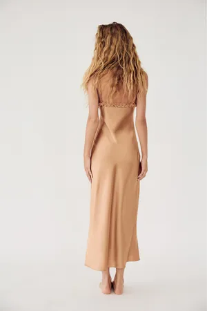 Zara maxi dress bodycon slip satin ruffle carmel evening wedding cocktail thumbnail 13