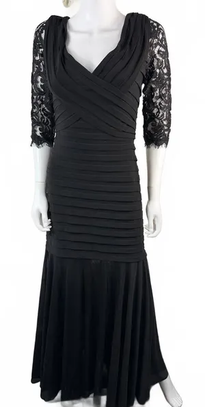 NWTs Xscape Black Evening Gown with Lace Sleeves and Pleated Bodice thumbnail 1