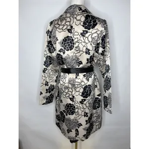 Just In Time Floral Trench Coat Cream Black Satin Duster Leather Belt Med thumbnail 5