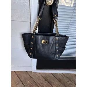 Michael Kors Delancy Shoulder Tote Bag Black Gold Pebbled Leather thumbnail 13