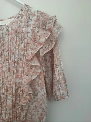LoveShackFancy Natasha Mini Dress Size Medium Vanilla Foam Pink Floral Ruffle thumbnail 5