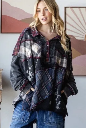 Oli & Hali Black and Burgundy Plaid Patchwork Jean Shacket thumbnail 1