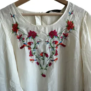 Zara Collection Dress Sz L Cotton Silk Blend Puff Sleeve Floral Embroidered thumbnail 8