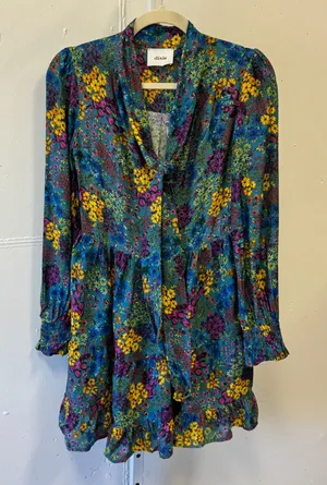 Dixie Teal Floral Tie Neck Tiered Ruffle Mini Dress Long Sleeve‎ Smocked Cuffs thumbnail 1