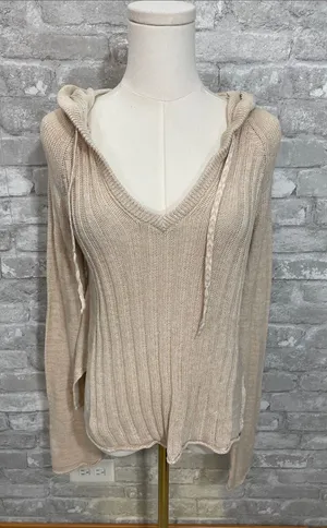 Roxy Cream V-Neck Hooded Ribbed Sweater thumbnail 1