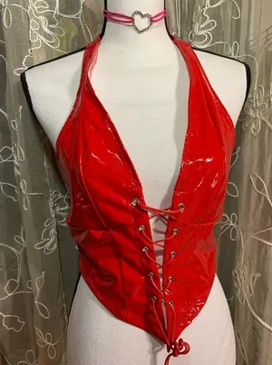 Shein Iconic Red Latex Like Halter Top thumbnail 2