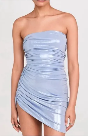 Norma Kamali Strapless Diana Pickleball Dress in Misty Blue Metallic XS New thumbnail 1