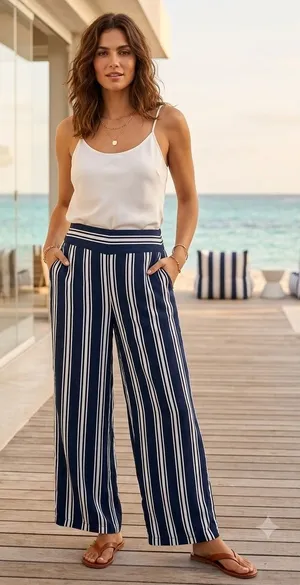 Adrienne Vittadini Navy White Striped Wide Leg Pants Viscose Coastal Size‎ 8 thumbnail 1