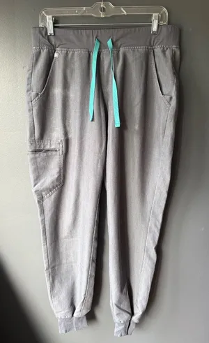 FIGS Zamora Gray Medical Scrub Jogger Pants with Teal Drawstring, Size M thumbnail 1