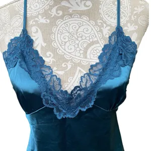 Teal Blue Satin Lace Slip Dress Chemise M Y2K Lingerie Aesthetic Feminine Coquet thumbnail 3