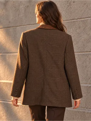 Vintage Express Wool Plaid Blazer Leather Collar Equestrian 90s L thumbnail 4
