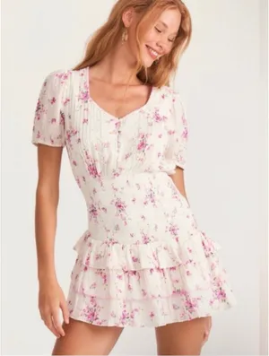 LoveShackFancy Cream Mini Dress with Pink Floral Print thumbnail 1