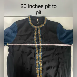 Free People Black & Blue Gold Embroidered Boho Blouse Top thumbnail 6