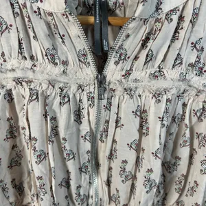 By Anthropologie Floral Block Print Puffy Zip Front Raw Edge Boho Blouse Large thumbnail 5