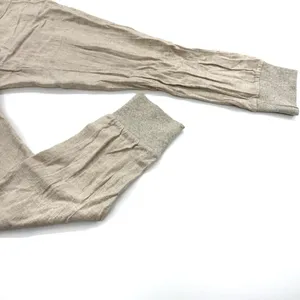Beige Linen Like Jogger Pants Elastic Waist Ankle Cropped Casual Fit Pull On Hem thumbnail 3